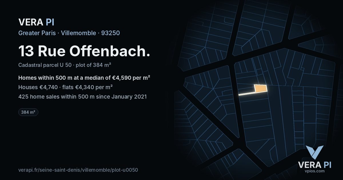 13 Rue Offenbach, Villemomble at night – the plot lit, the parcels around coloured by the prices near them