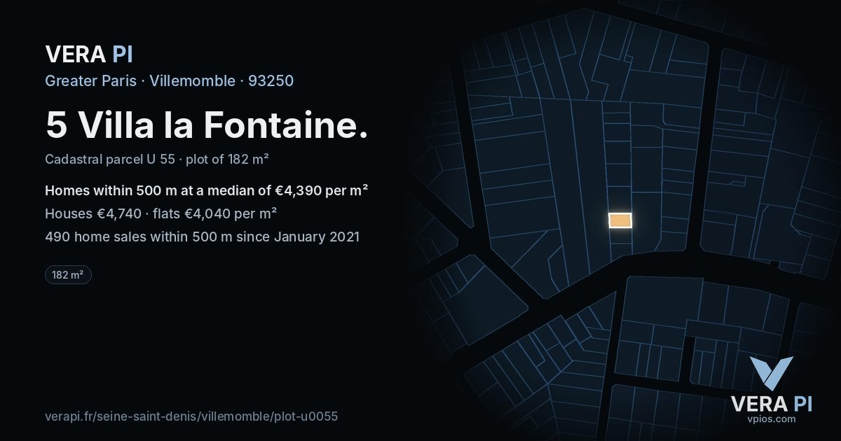 5 Villa la Fontaine, Villemomble at night – the plot lit, the parcels around coloured by the prices near them