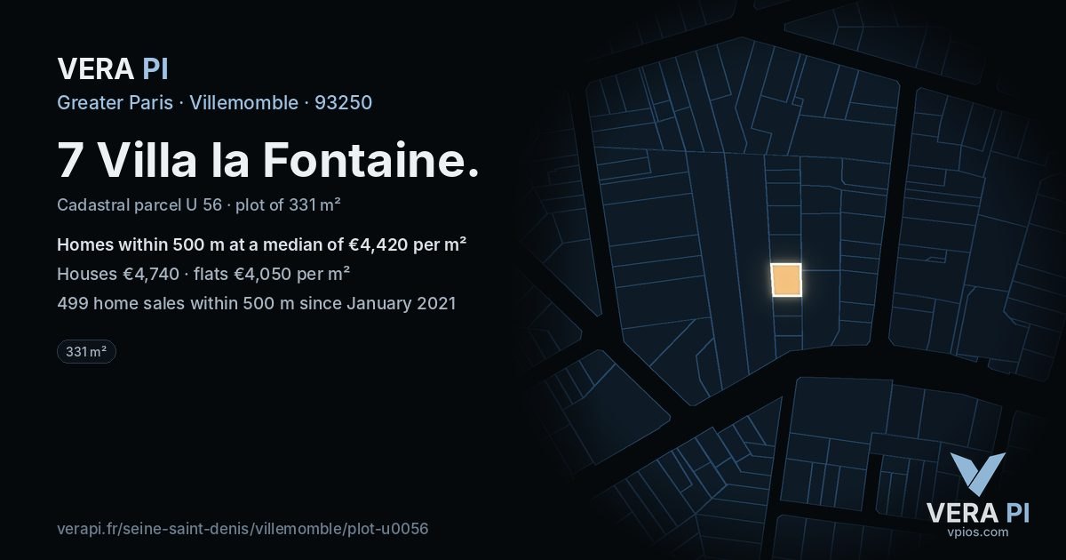 7 Villa la Fontaine, Villemomble at night – the plot lit, the parcels around coloured by the prices near them