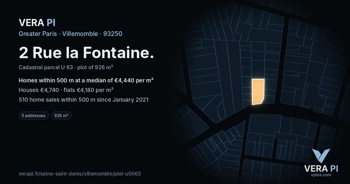 2 Rue la Fontaine, Villemomble at night – the plot lit, the parcels around coloured by the prices near them