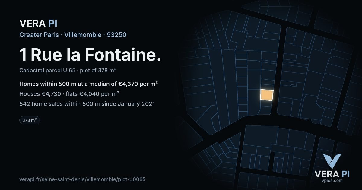 1 Rue la Fontaine, Villemomble at night – the plot lit, the parcels around coloured by the prices near them