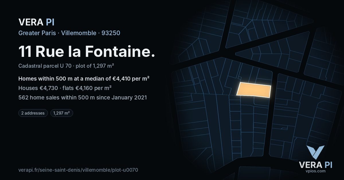 11 Rue la Fontaine, Villemomble at night – the plot lit, the parcels around coloured by the prices near them