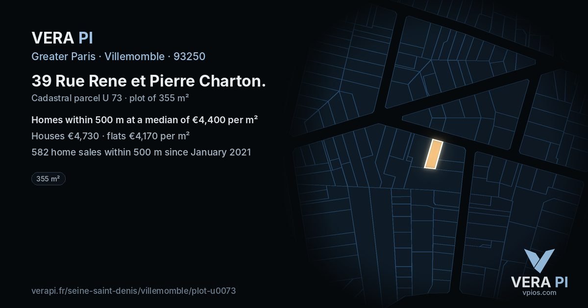 39 Rue Rene et Pierre Charton, Villemomble at night – the plot lit, the parcels around coloured by the prices near them