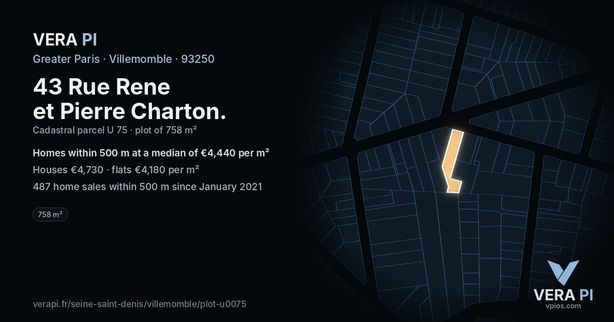 43 Rue Rene et Pierre Charton, Villemomble at night – the plot lit, the parcels around coloured by the prices near them