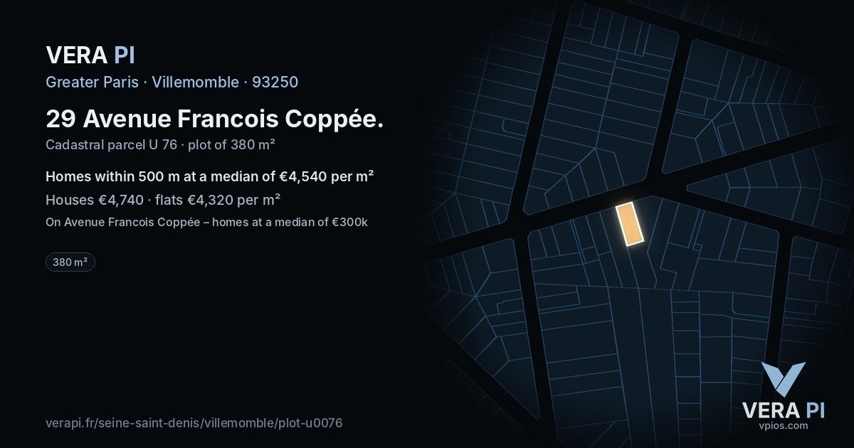 29 Avenue Francois Coppée, Villemomble at night – the plot lit, the parcels around coloured by the prices near them