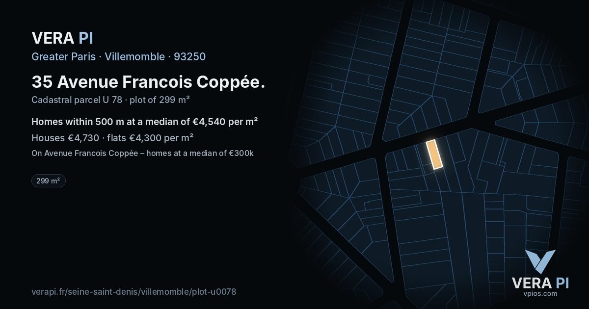35 Avenue Francois Coppée, Villemomble at night – the plot lit, the parcels around coloured by the prices near them