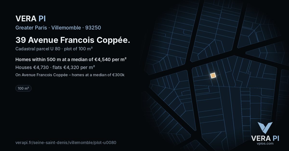 39 Avenue Francois Coppée, Villemomble at night – the plot lit, the parcels around coloured by the prices near them