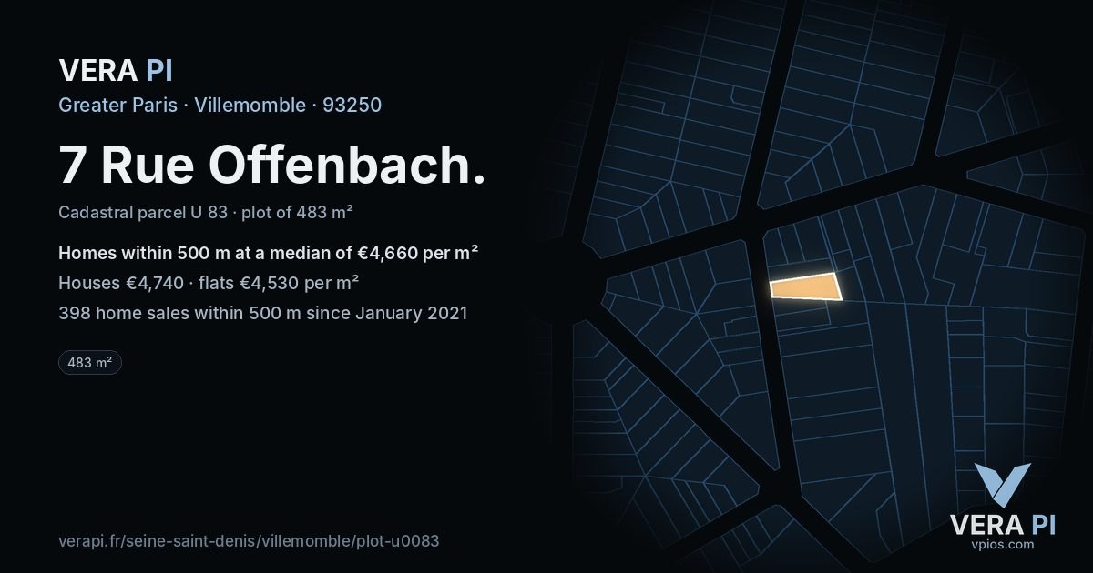 7 Rue Offenbach, Villemomble at night – the plot lit, the parcels around coloured by the prices near them