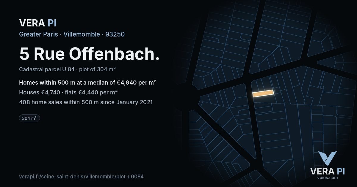 5 Rue Offenbach, Villemomble at night – the plot lit, the parcels around coloured by the prices near them