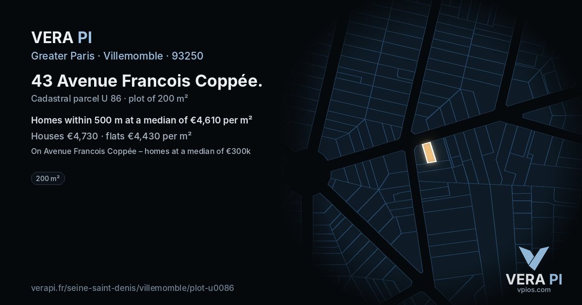 43 Avenue Francois Coppée, Villemomble at night – the plot lit, the parcels around coloured by the prices near them