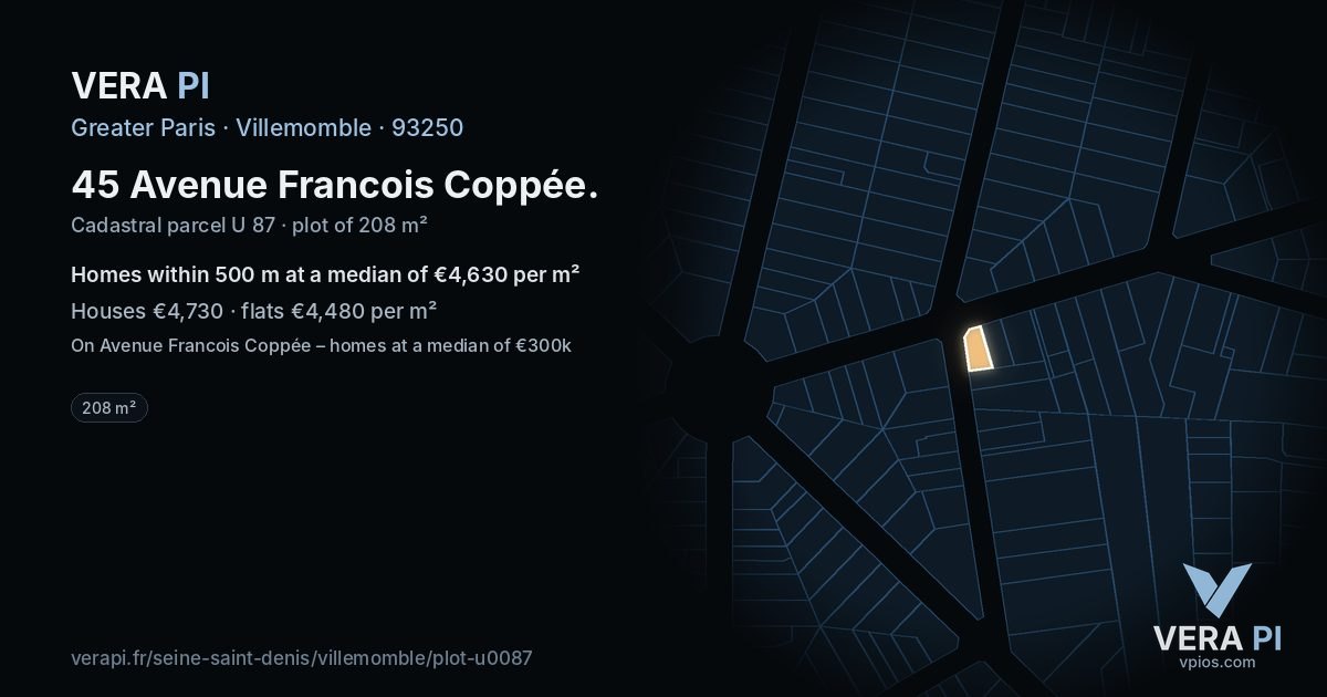 45 Avenue Francois Coppée, Villemomble at night – the plot lit, the parcels around coloured by the prices near them