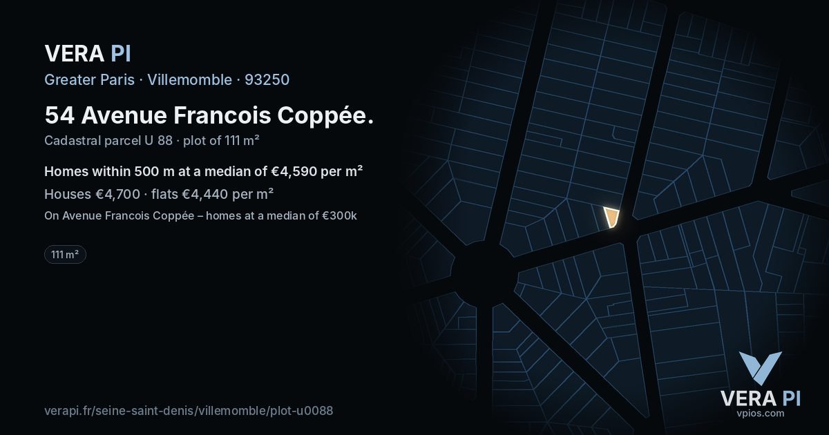 54 Avenue Francois Coppée, Villemomble at night – the plot lit, the parcels around coloured by the prices near them