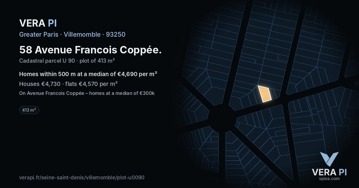 58 Avenue Francois Coppée, Villemomble at night – the plot lit, the parcels around coloured by the prices near them