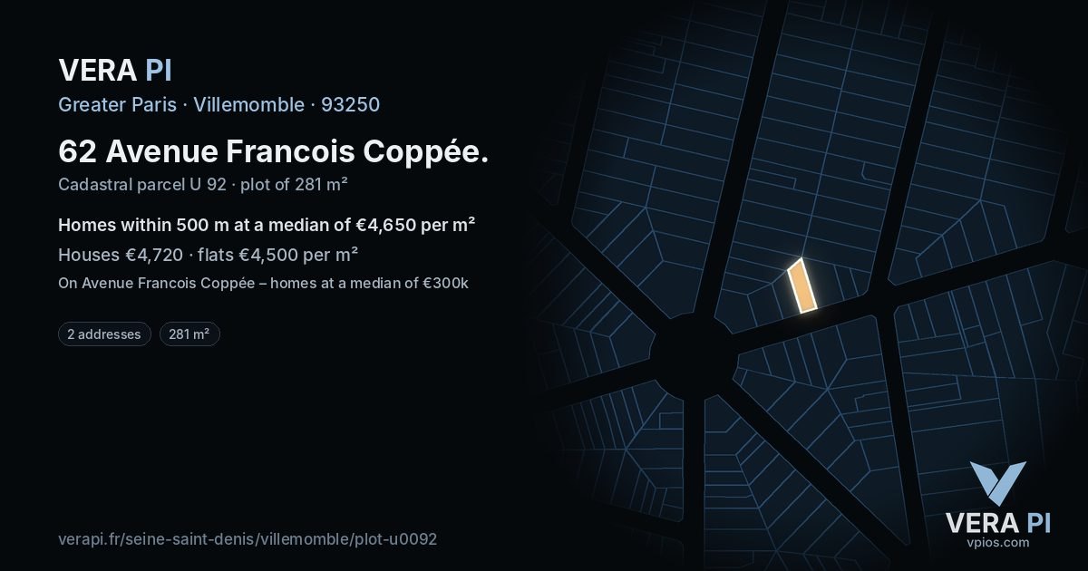 62 Avenue Francois Coppée, Villemomble at night – the plot lit, the parcels around coloured by the prices near them