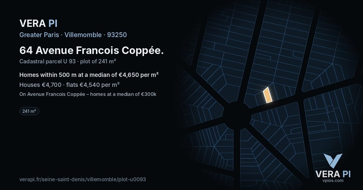 64 Avenue Francois Coppée, Villemomble at night – the plot lit, the parcels around coloured by the prices near them