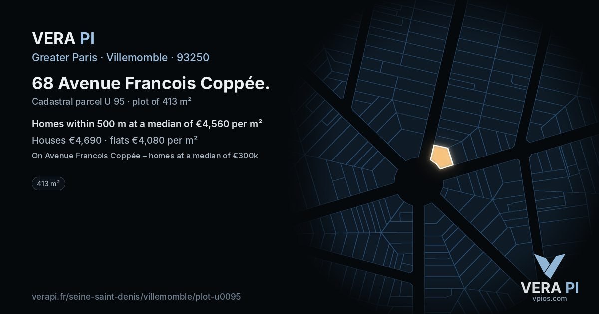 68 Avenue Francois Coppée, Villemomble at night – the plot lit, the parcels around coloured by the prices near them