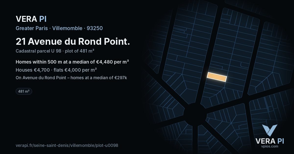21 Avenue du Rond Point, Villemomble at night – the plot lit, the parcels around coloured by the prices near them