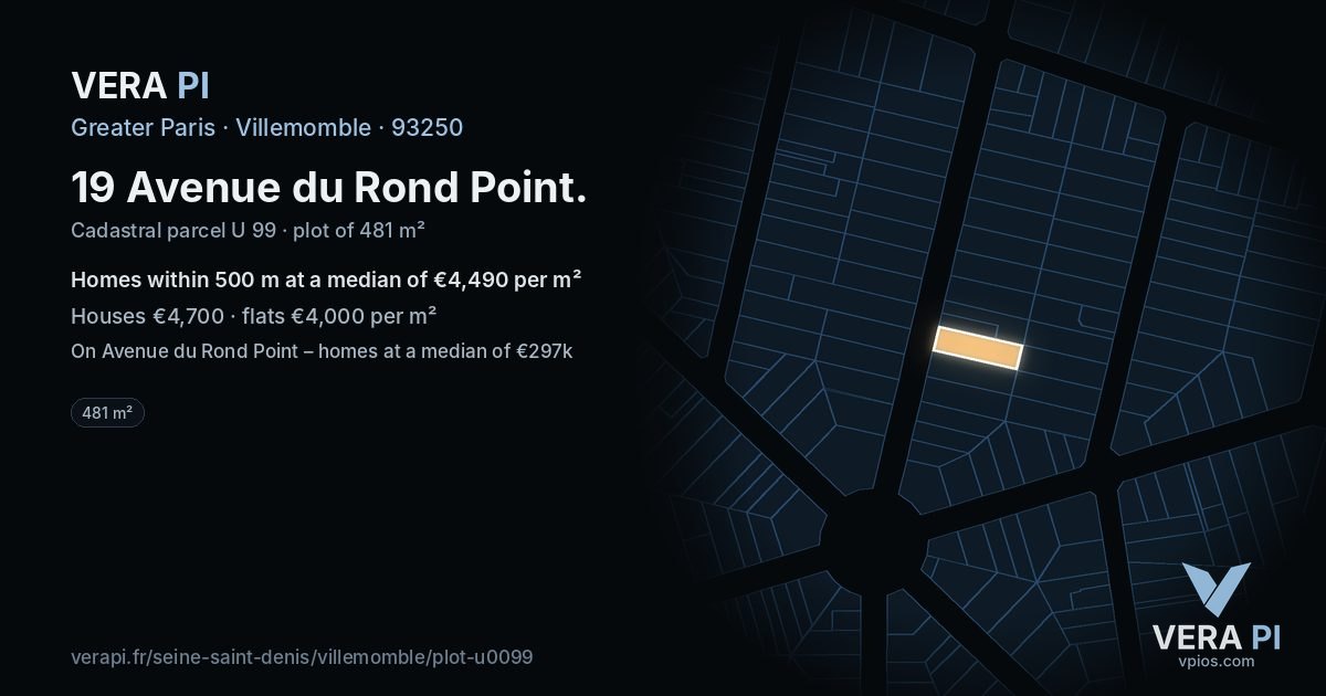 19 Avenue du Rond Point, Villemomble at night – the plot lit, the parcels around coloured by the prices near them