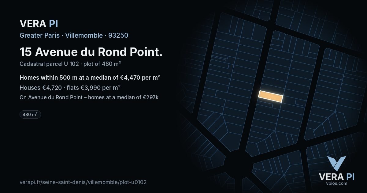 15 Avenue du Rond Point, Villemomble at night – the plot lit, the parcels around coloured by the prices near them