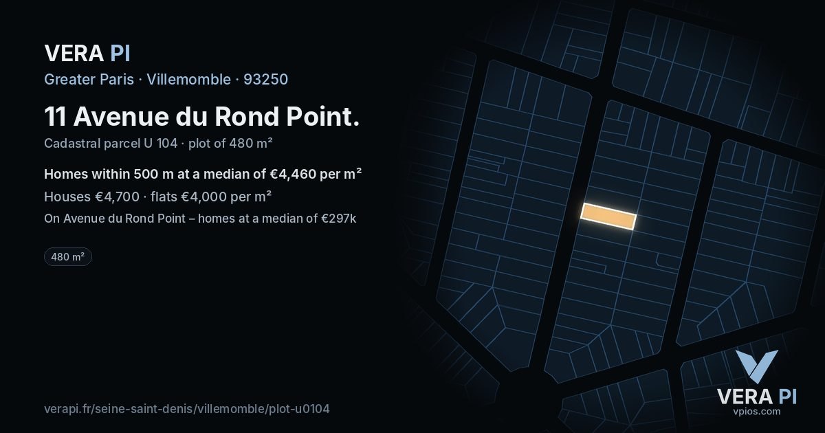 11 Avenue du Rond Point, Villemomble at night – the plot lit, the parcels around coloured by the prices near them