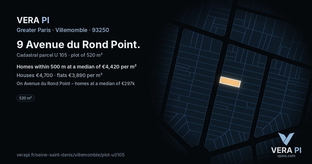 9 Avenue du Rond Point, Villemomble at night – the plot lit, the parcels around coloured by the prices near them