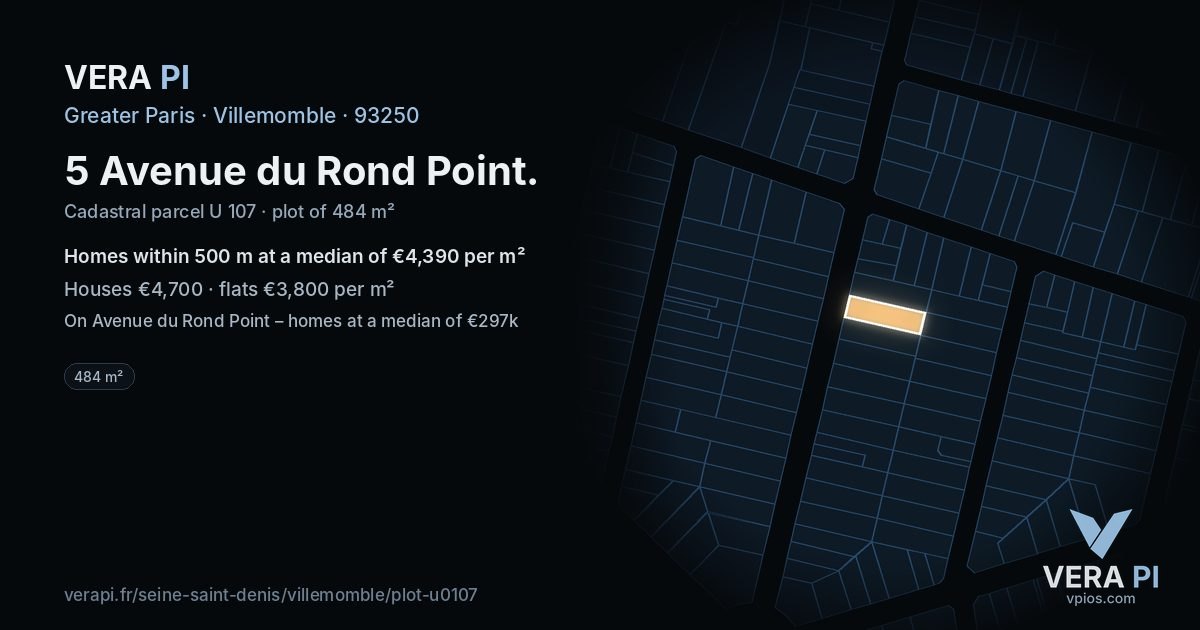 5 Avenue du Rond Point, Villemomble at night – the plot lit, the parcels around coloured by the prices near them