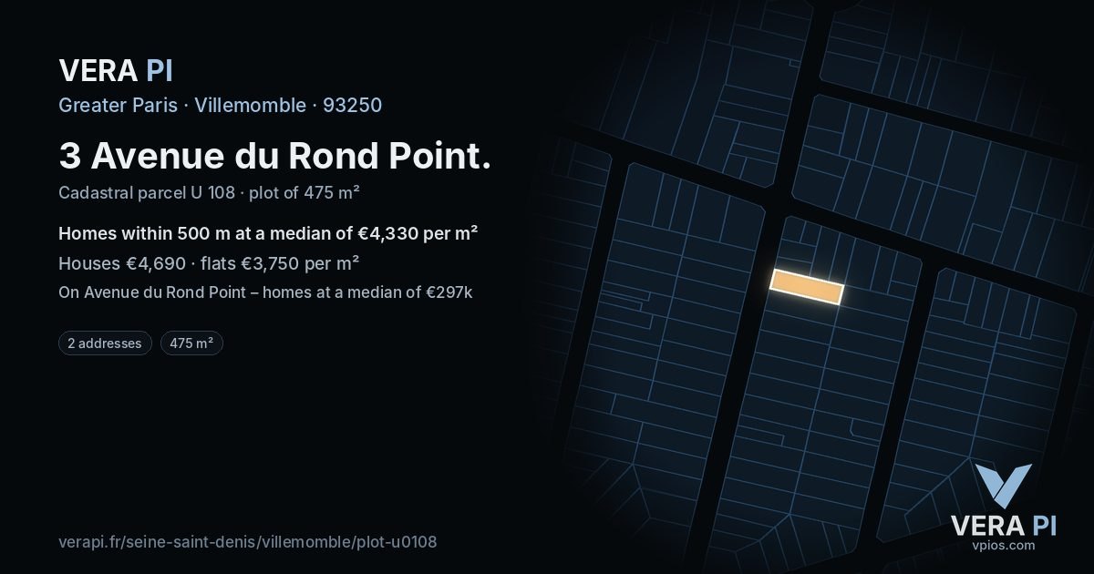 3 Avenue du Rond Point, Villemomble at night – the plot lit, the parcels around coloured by the prices near them