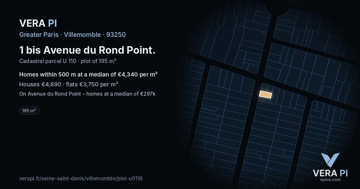 1 bis Avenue du Rond Point, Villemomble at night – the plot lit, the parcels around coloured by the prices near them