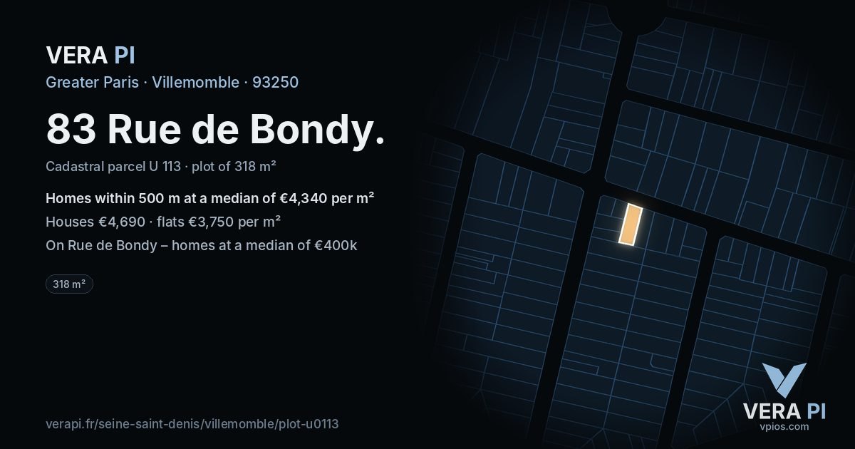83 Rue de Bondy, Villemomble at night – the plot lit, the parcels around coloured by the prices near them