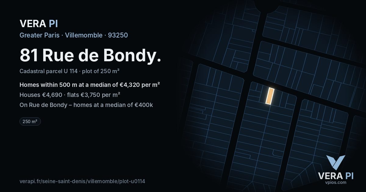 81 Rue de Bondy, Villemomble at night – the plot lit, the parcels around coloured by the prices near them