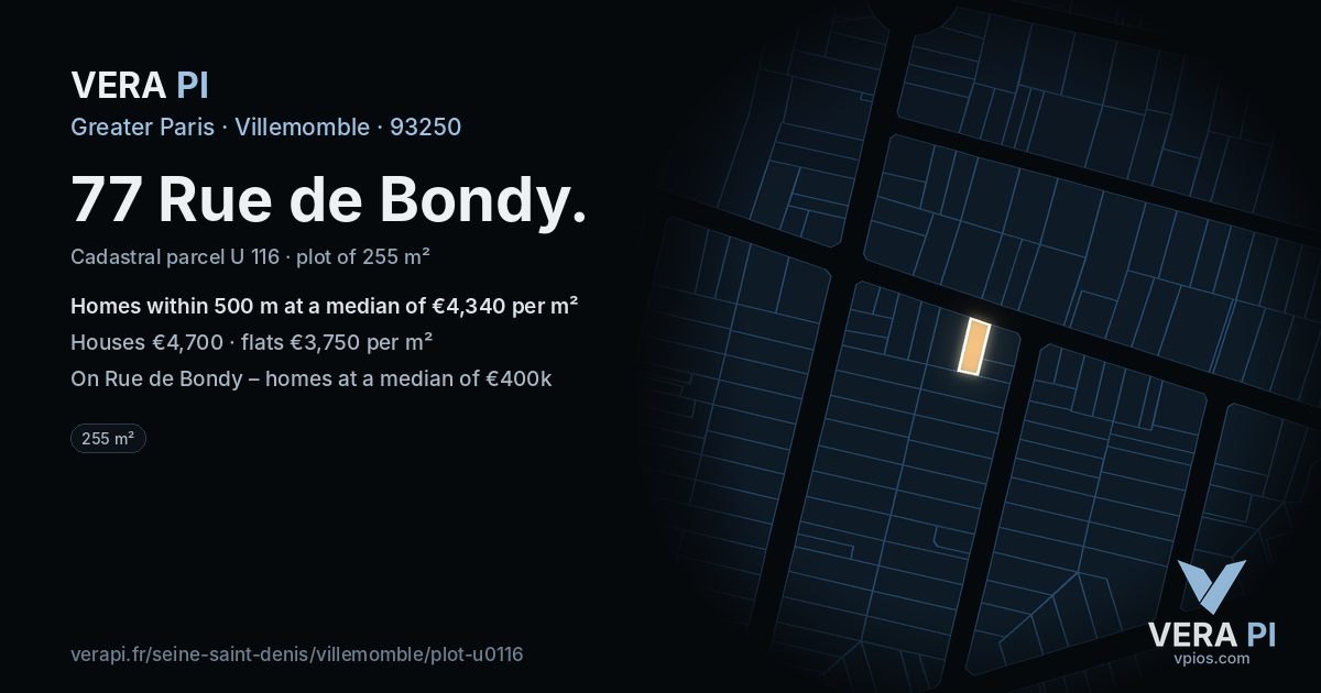 77 Rue de Bondy, Villemomble at night – the plot lit, the parcels around coloured by the prices near them
