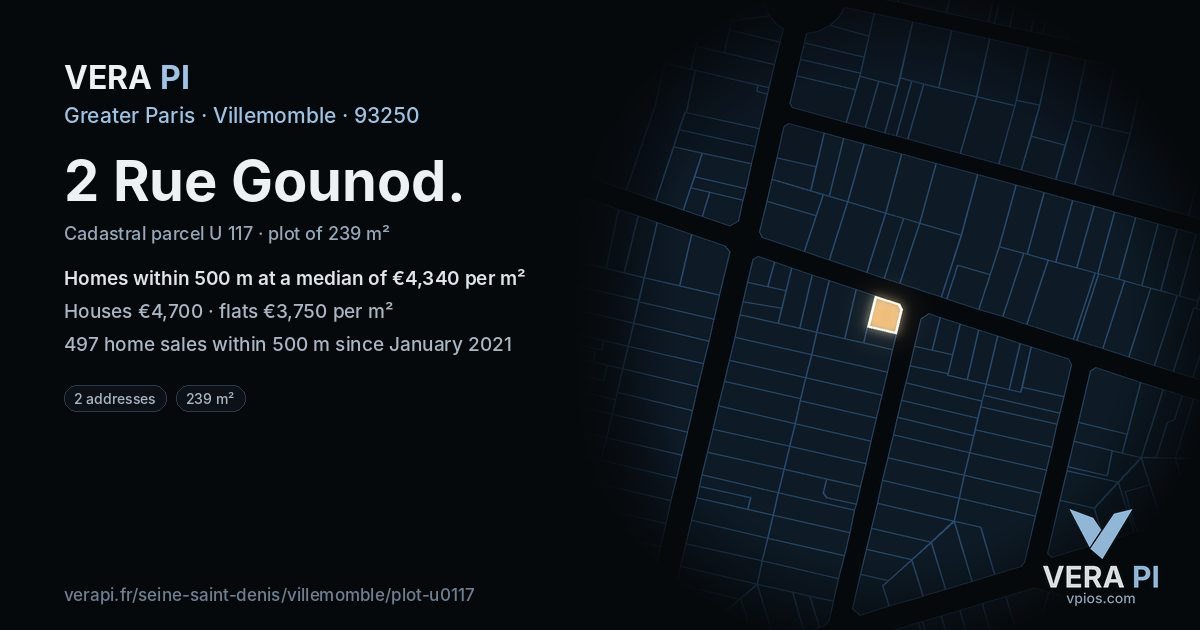 2 Rue Gounod, Villemomble at night – the plot lit, the parcels around coloured by the prices near them