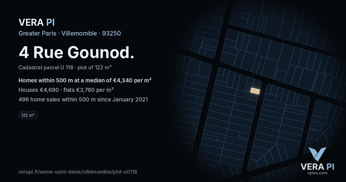 4 Rue Gounod, Villemomble at night – the plot lit, the parcels around coloured by the prices near them