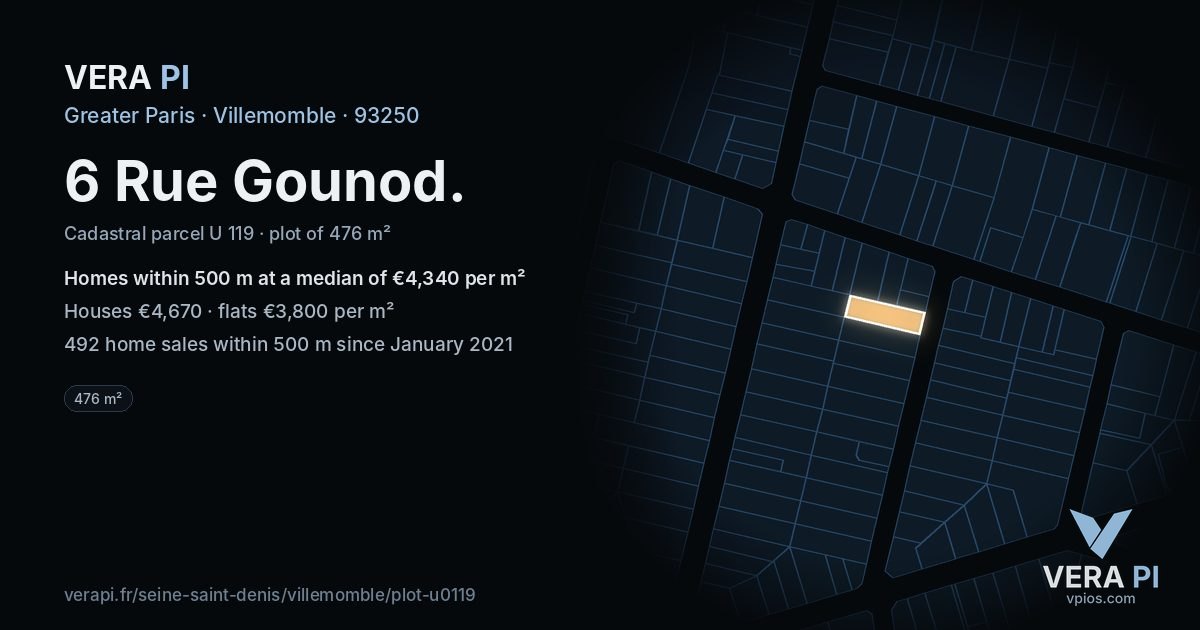 6 Rue Gounod, Villemomble at night – the plot lit, the parcels around coloured by the prices near them