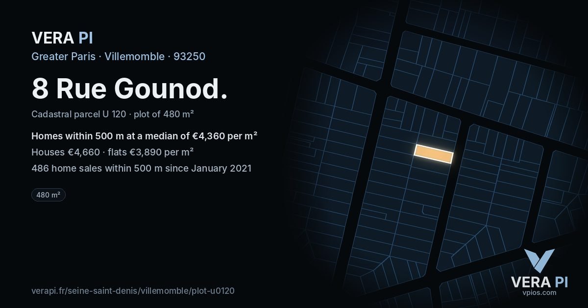 8 Rue Gounod, Villemomble at night – the plot lit, the parcels around coloured by the prices near them
