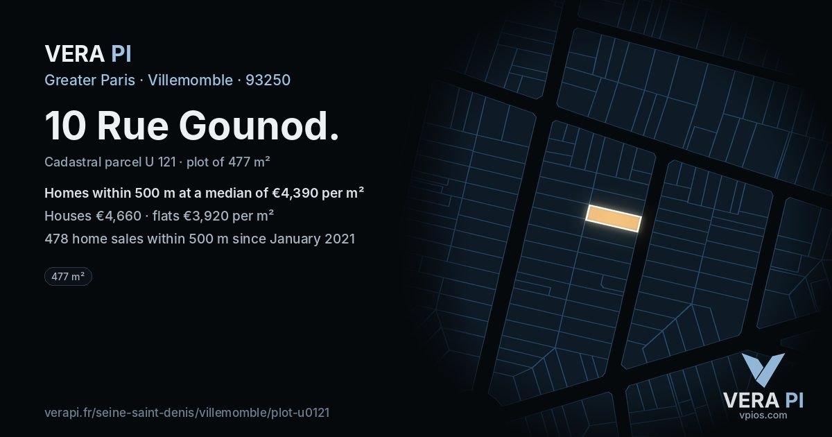 10 Rue Gounod, Villemomble at night – the plot lit, the parcels around coloured by the prices near them