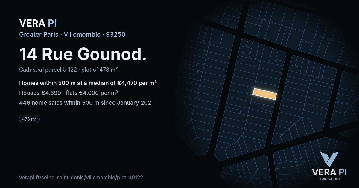 14 Rue Gounod, Villemomble at night – the plot lit, the parcels around coloured by the prices near them