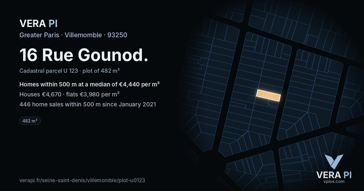 16 Rue Gounod, Villemomble at night – the plot lit, the parcels around coloured by the prices near them