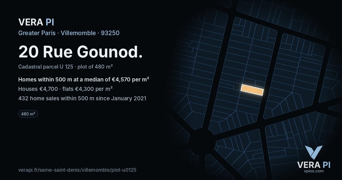 20 Rue Gounod, Villemomble at night – the plot lit, the parcels around coloured by the prices near them