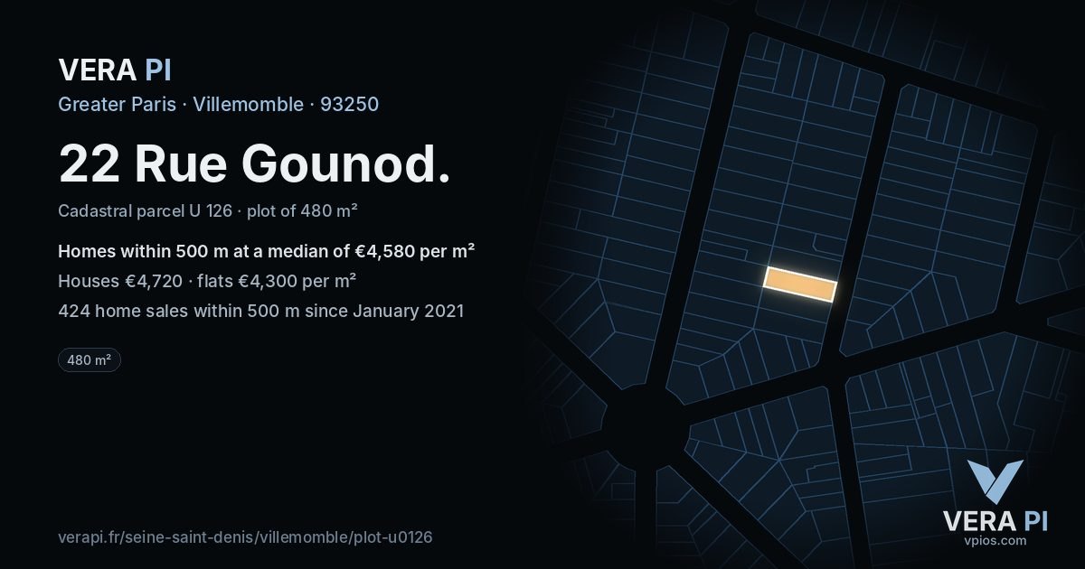 22 Rue Gounod, Villemomble at night – the plot lit, the parcels around coloured by the prices near them