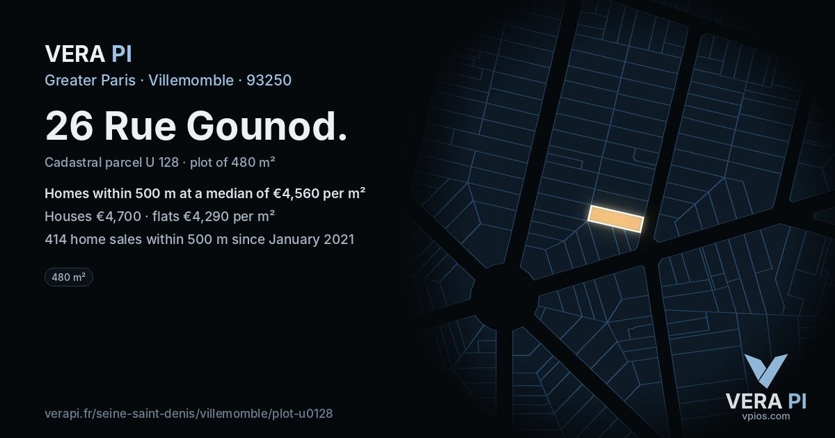 26 Rue Gounod, Villemomble at night – the plot lit, the parcels around coloured by the prices near them