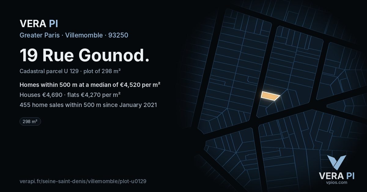 19 Rue Gounod, Villemomble at night – the plot lit, the parcels around coloured by the prices near them