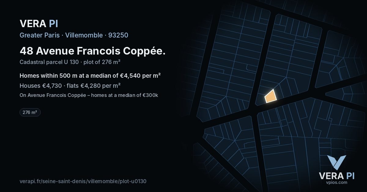 48 Avenue Francois Coppée, Villemomble at night – the plot lit, the parcels around coloured by the prices near them