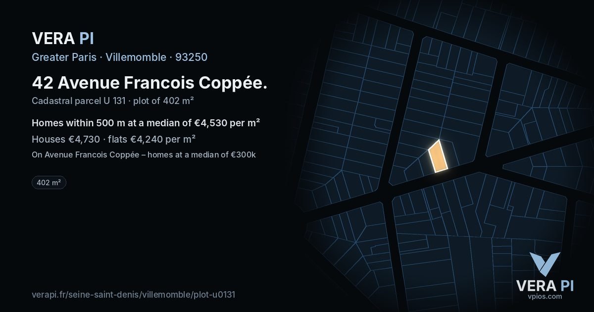 42 Avenue Francois Coppée, Villemomble at night – the plot lit, the parcels around coloured by the prices near them