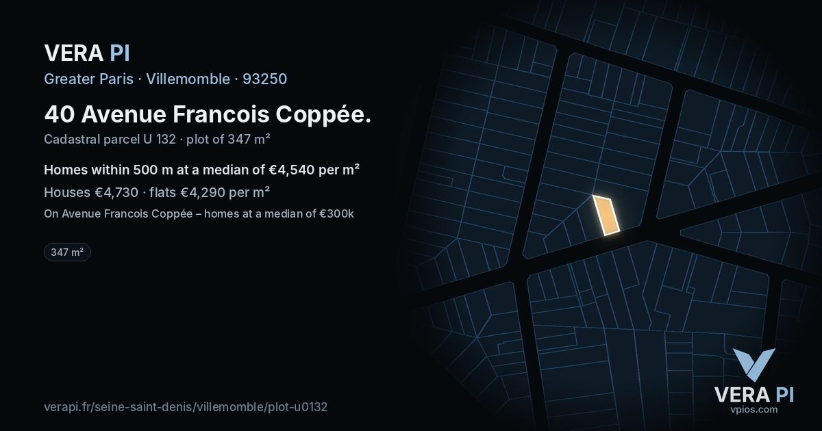 40 Avenue Francois Coppée, Villemomble at night – the plot lit, the parcels around coloured by the prices near them