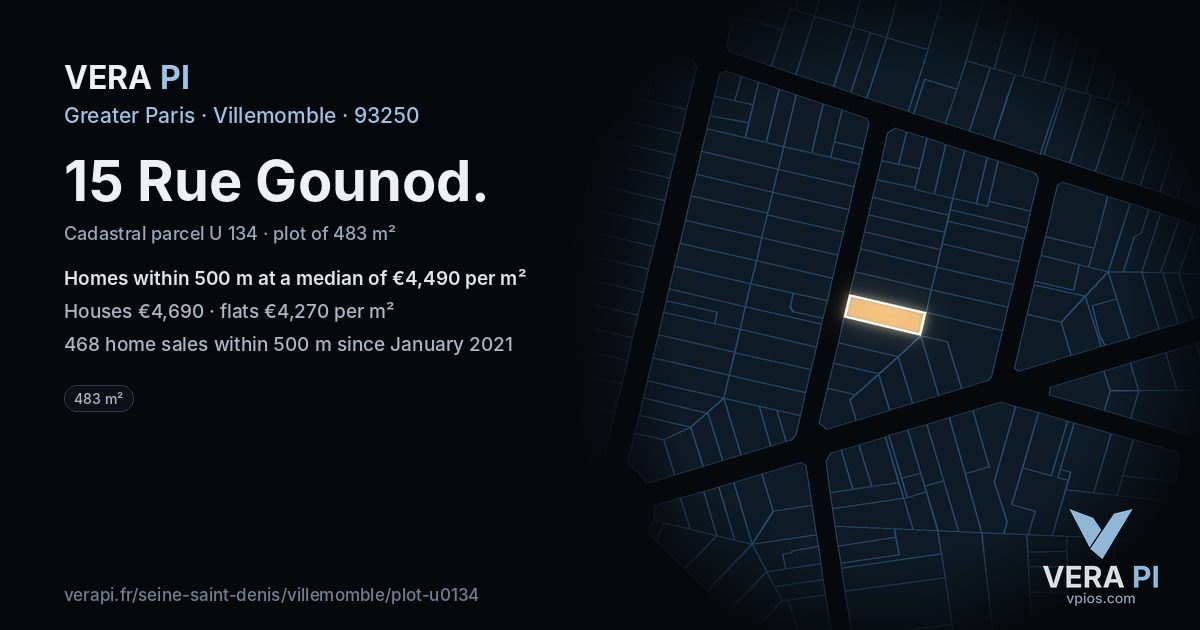15 Rue Gounod, Villemomble at night – the plot lit, the parcels around coloured by the prices near them