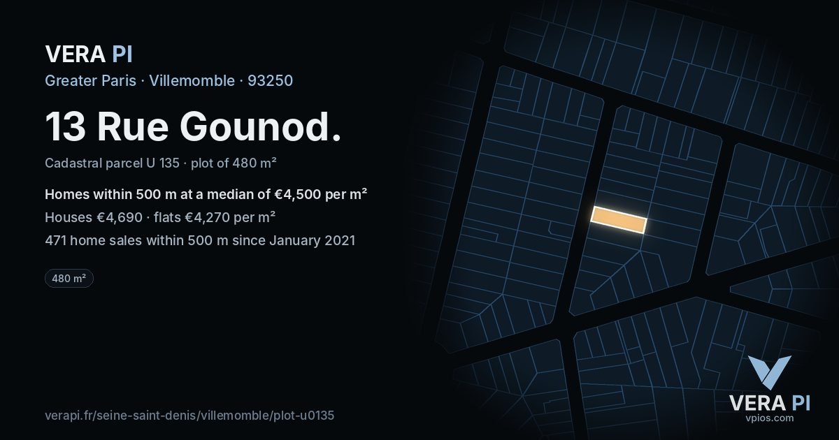 13 Rue Gounod, Villemomble at night – the plot lit, the parcels around coloured by the prices near them