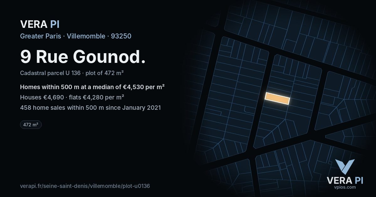9 Rue Gounod, Villemomble at night – the plot lit, the parcels around coloured by the prices near them