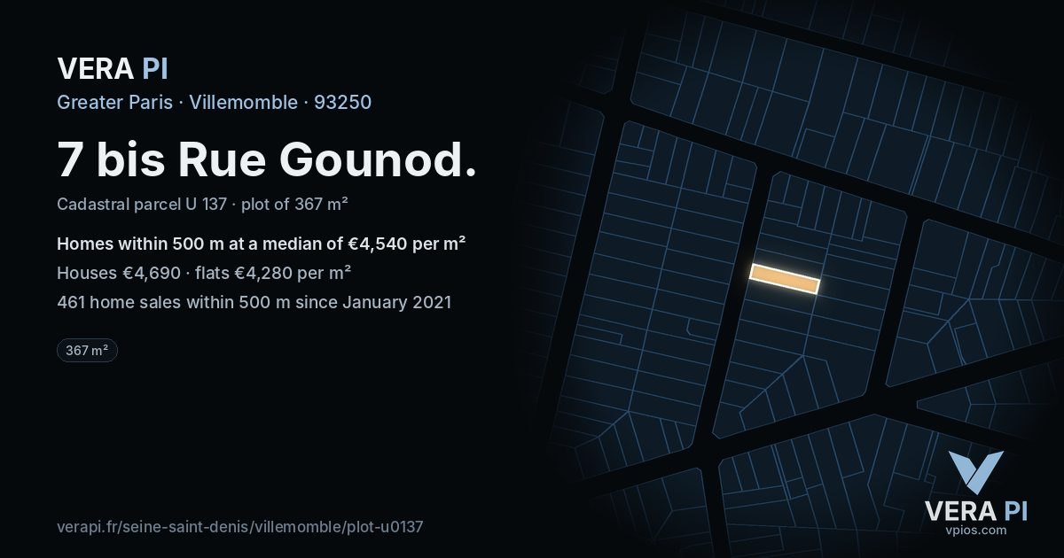 7 bis Rue Gounod, Villemomble at night – the plot lit, the parcels around coloured by the prices near them