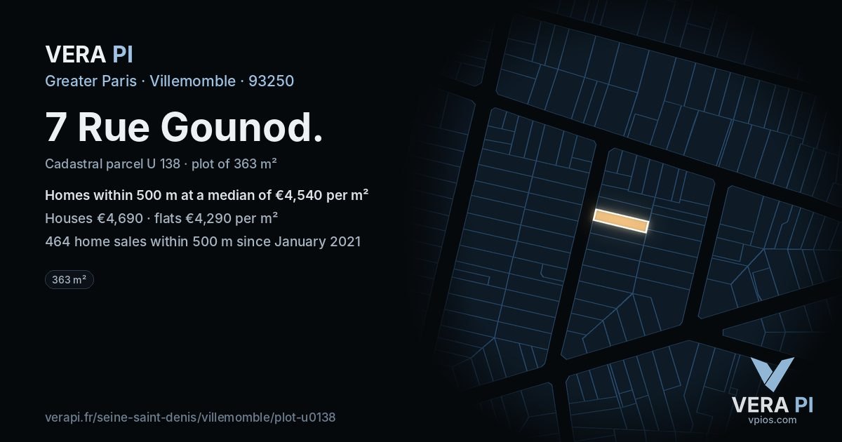 7 Rue Gounod, Villemomble at night – the plot lit, the parcels around coloured by the prices near them